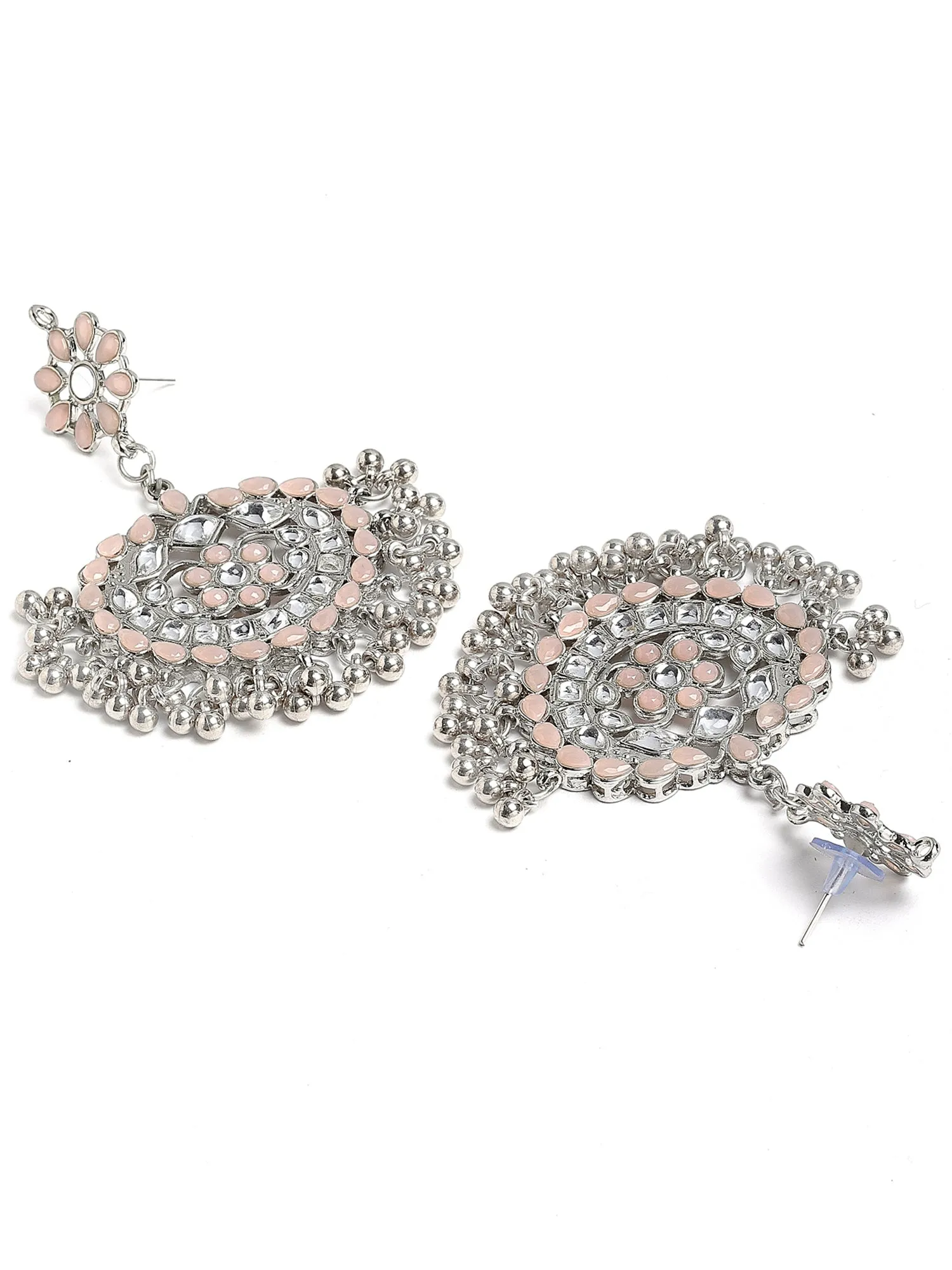 Antique Peach Kundan Studded Oxidised Silver Handcrafted Chandbali Earrings