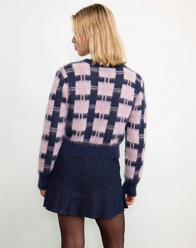 Anzio Button Up Cardigan In Multi Check Navy and Pink