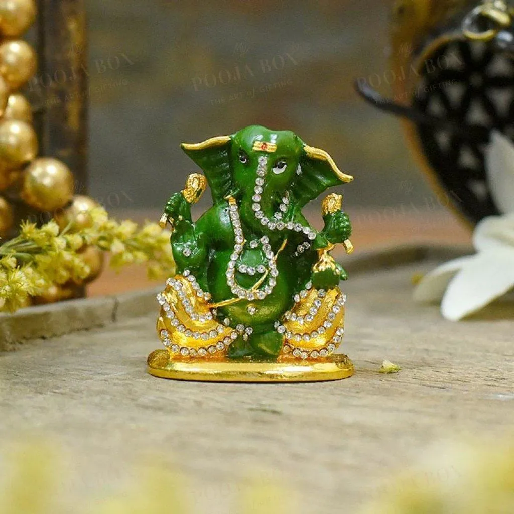 Attractive Green Studded Dashboard Ganesha Idol