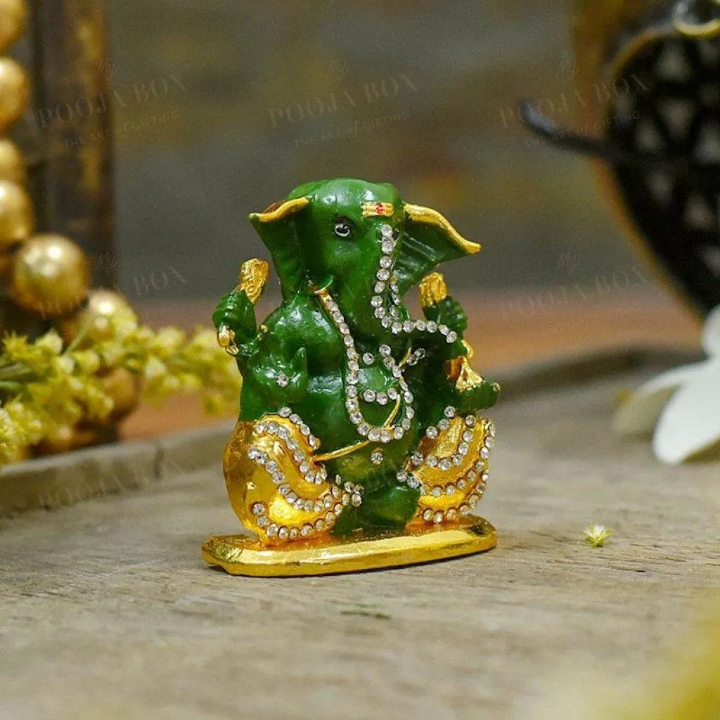 Attractive Green Studded Dashboard Ganesha Idol