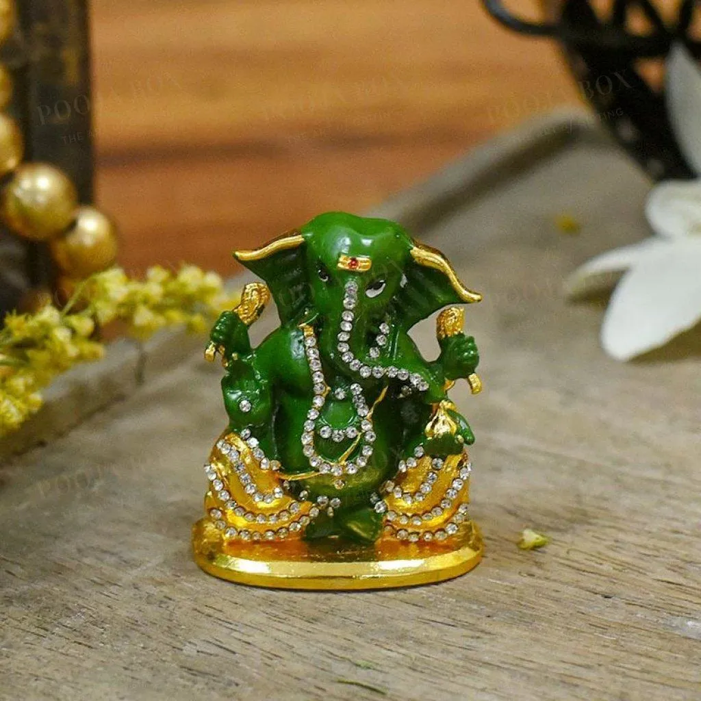 Attractive Green Studded Dashboard Ganesha Idol