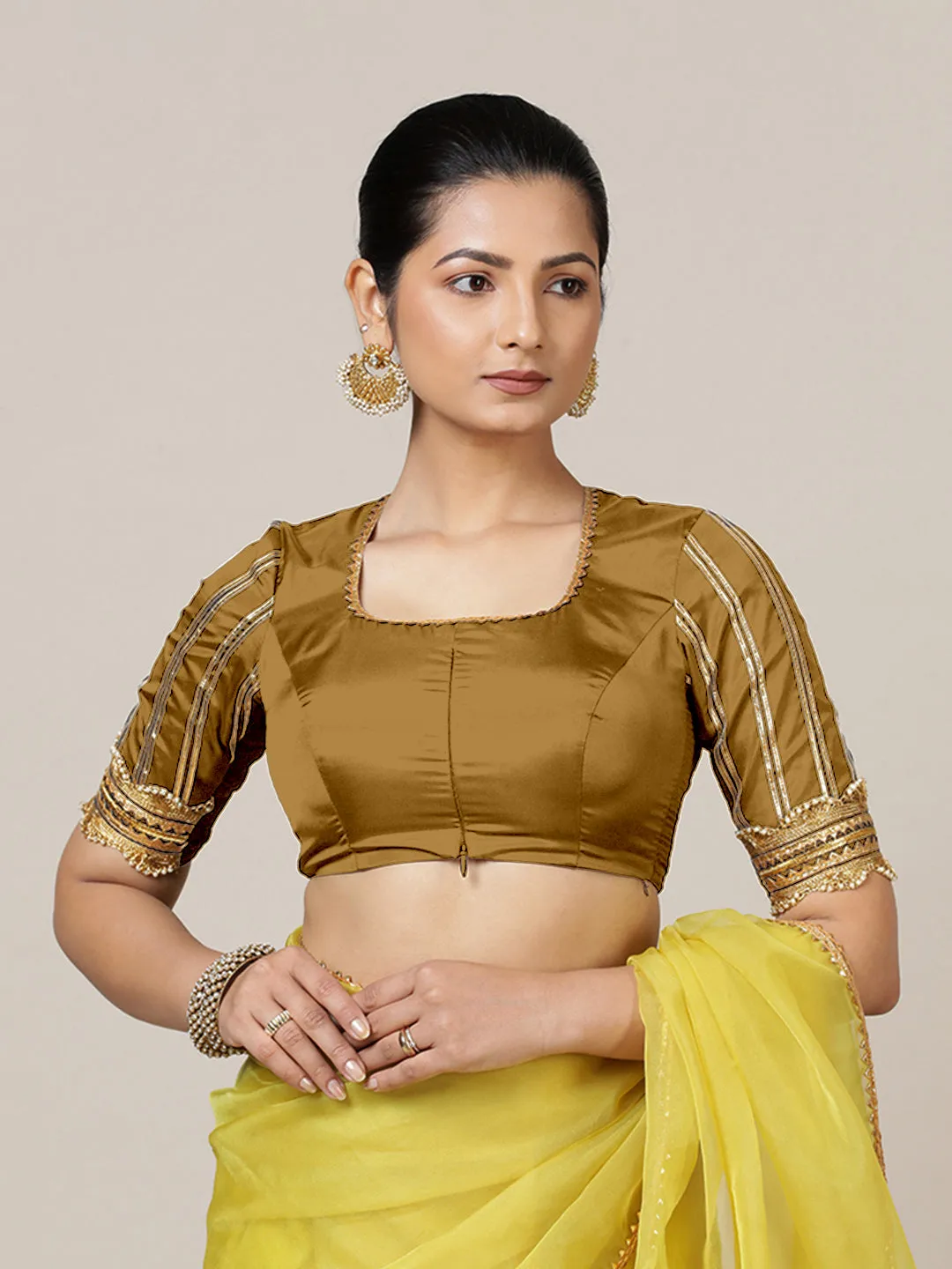 Aziza x Tyohaar | Elbow Sleeves Saree Blouse in Bronze Gold