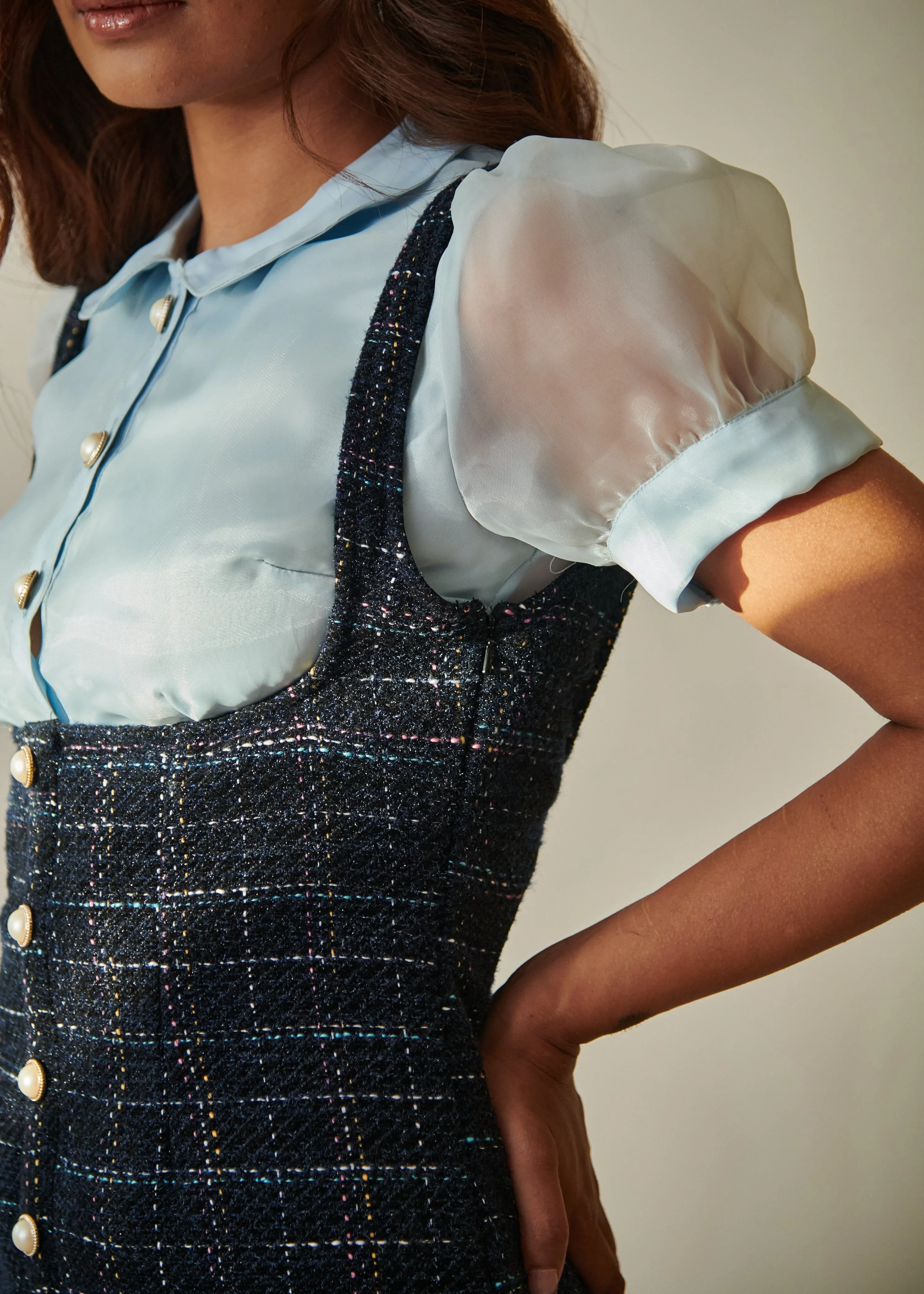 Barbara Blue Tweed Pinafore Dress and Organza Shirt Set