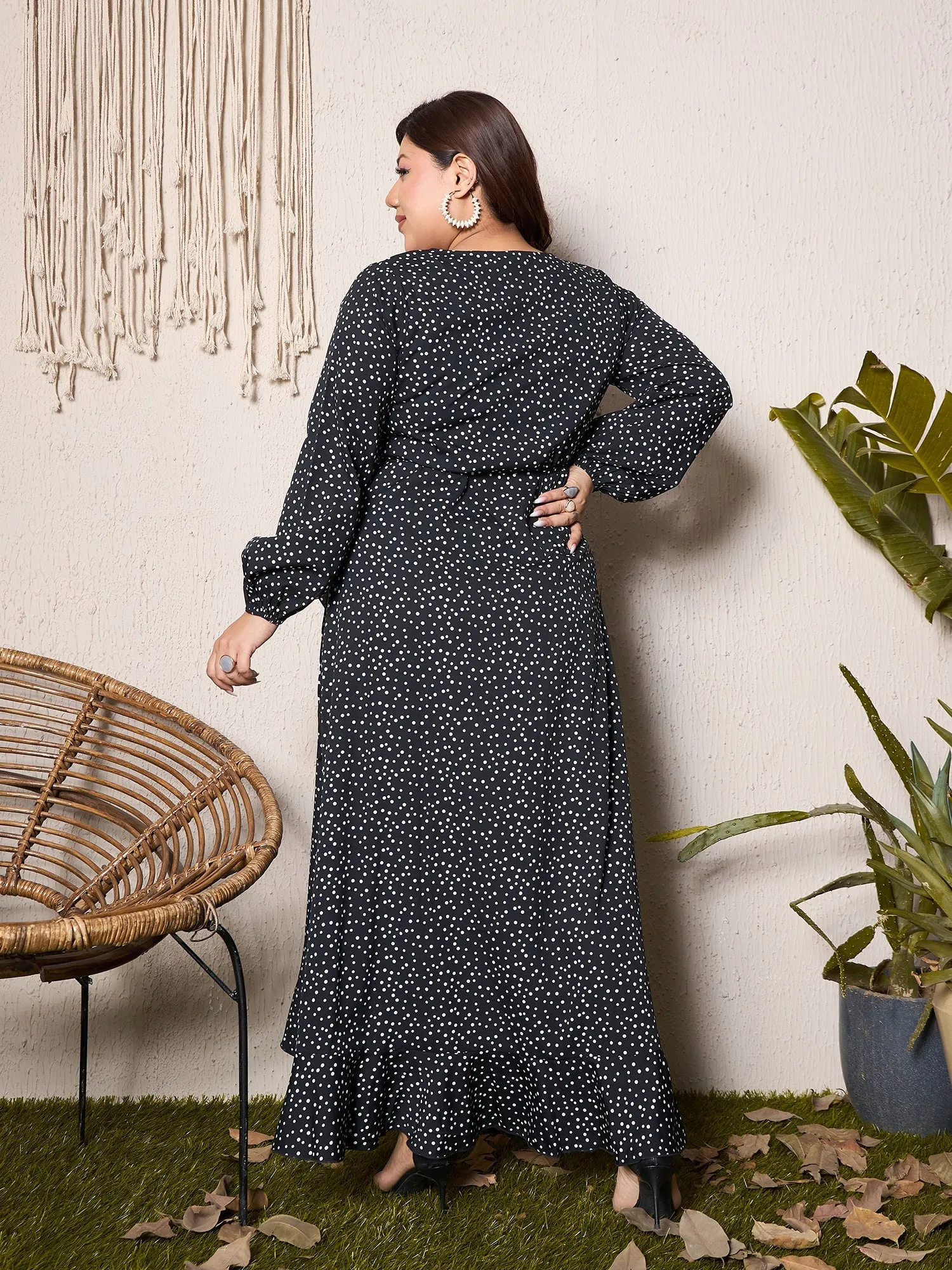 Berrylush Curve Black Polka Dot V-Neck Wrap Maxi Dress