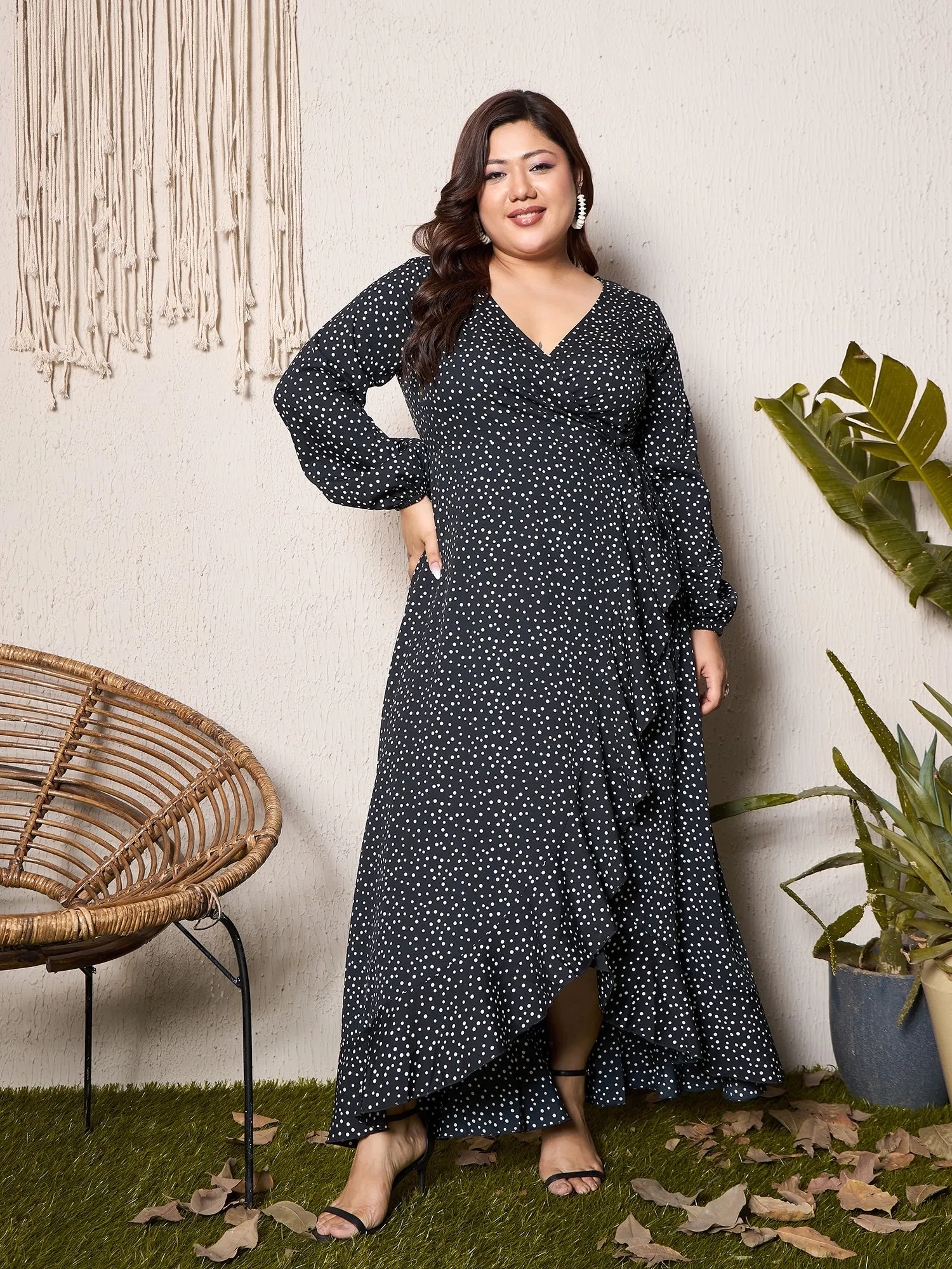 Berrylush Curve Black Polka Dot V-Neck Wrap Maxi Dress