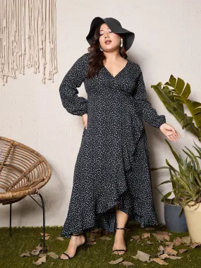 Berrylush Curve Black Polka Dot V-Neck Wrap Maxi Dress