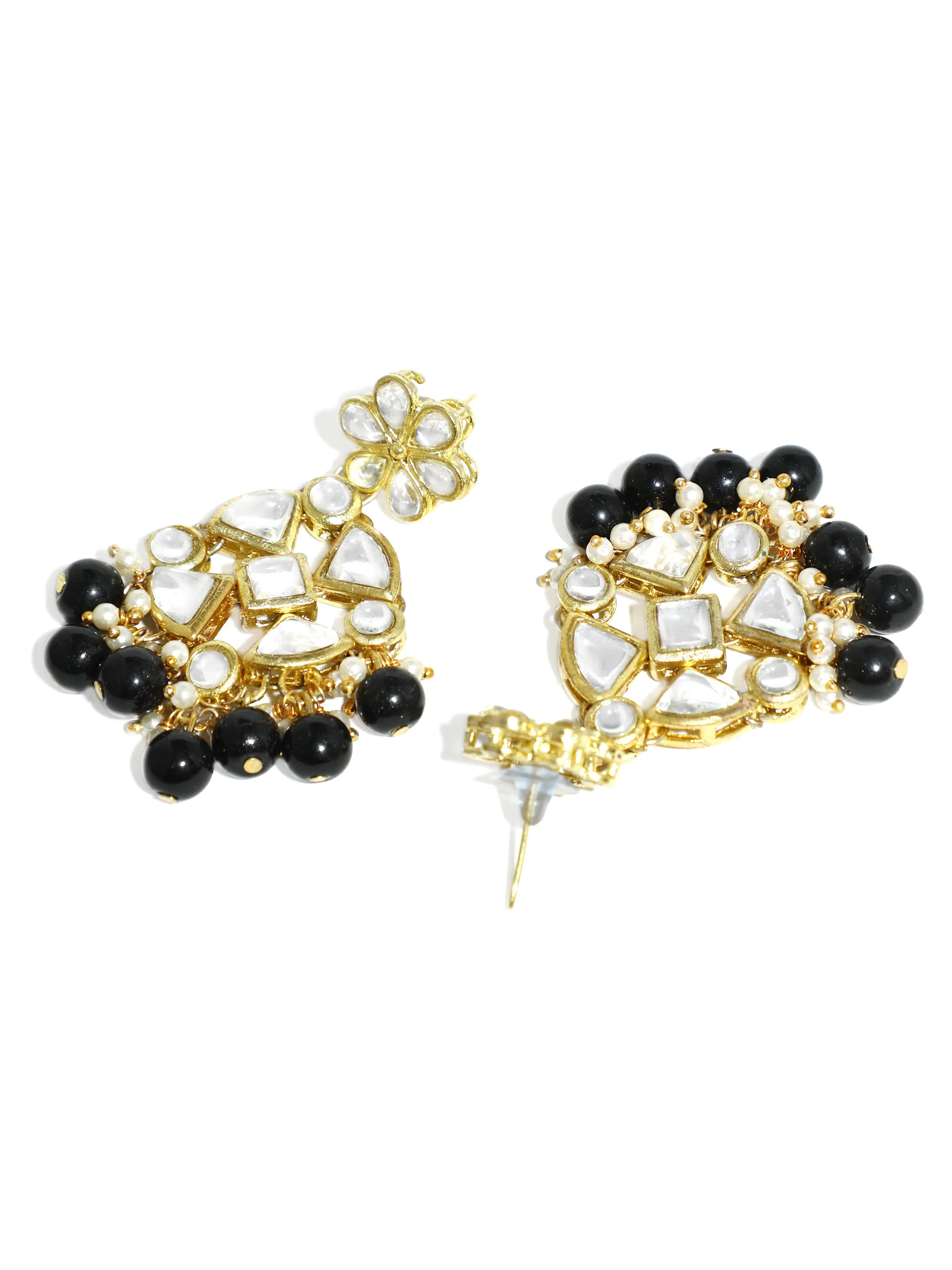 Black Beads Kundan Dangler Earrings with Maangtikka