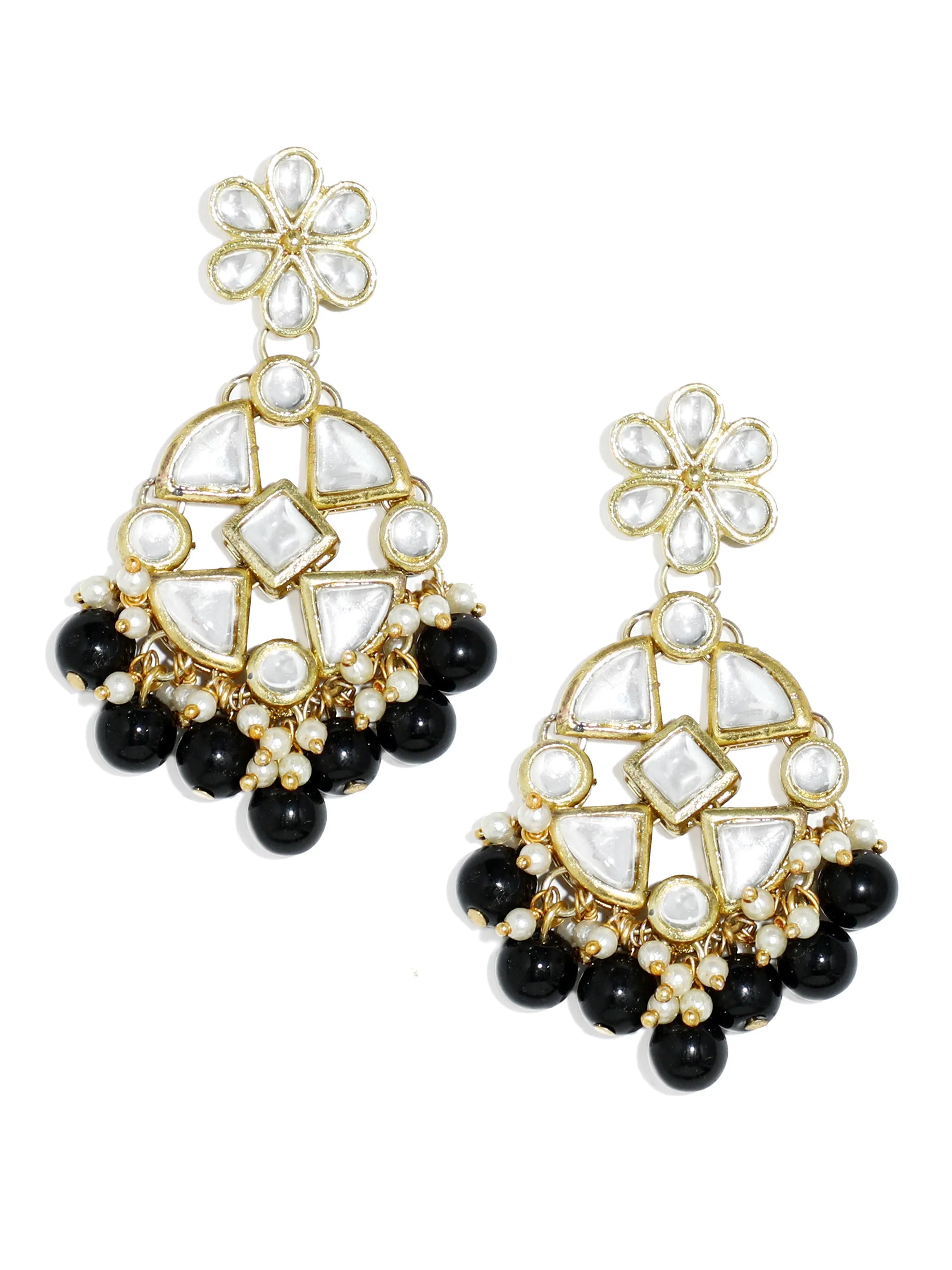 Black Beads Kundan Dangler Earrings with Maangtikka