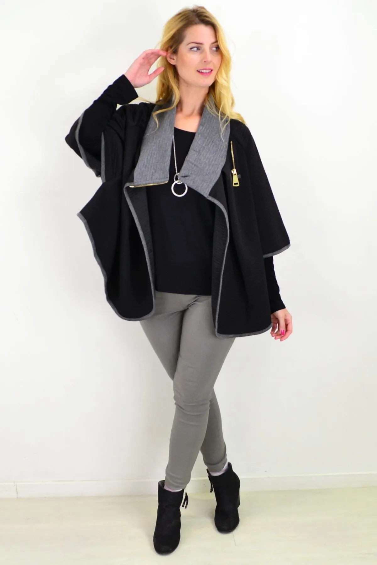 Black Quilted Grey Collar Winter Poncho Tunic