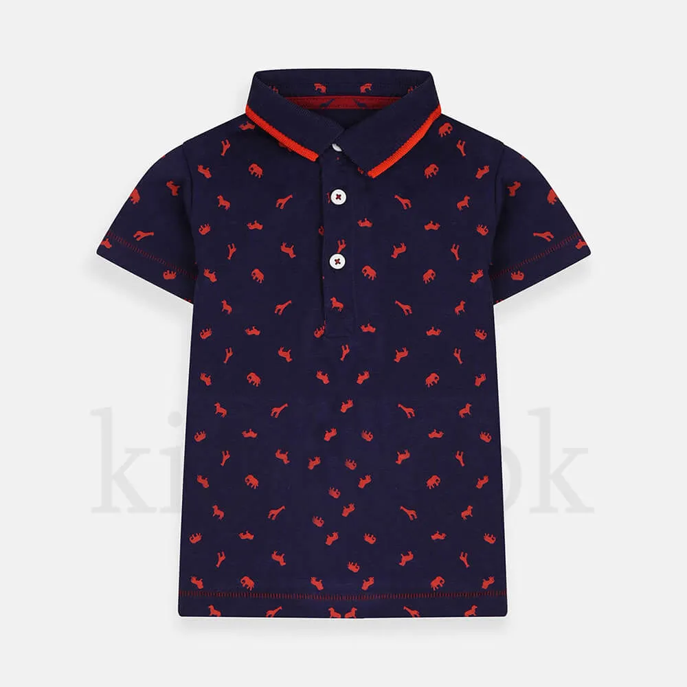 Blue with Red Animal Pattern Polo Shirt 1835