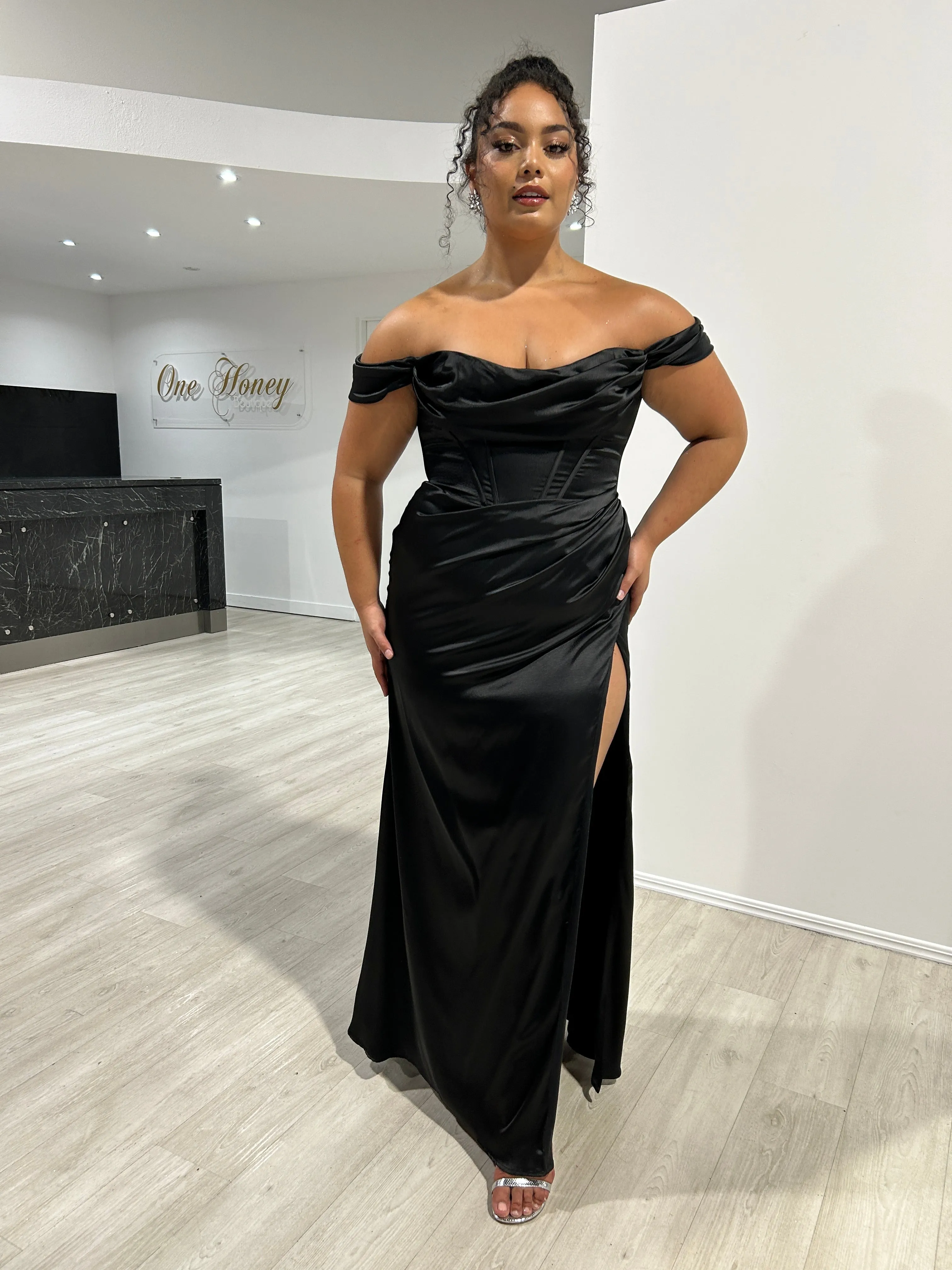 CECE Curve Satin Off The Shoulder Corset Bustier Bridesmaid Formal Dress