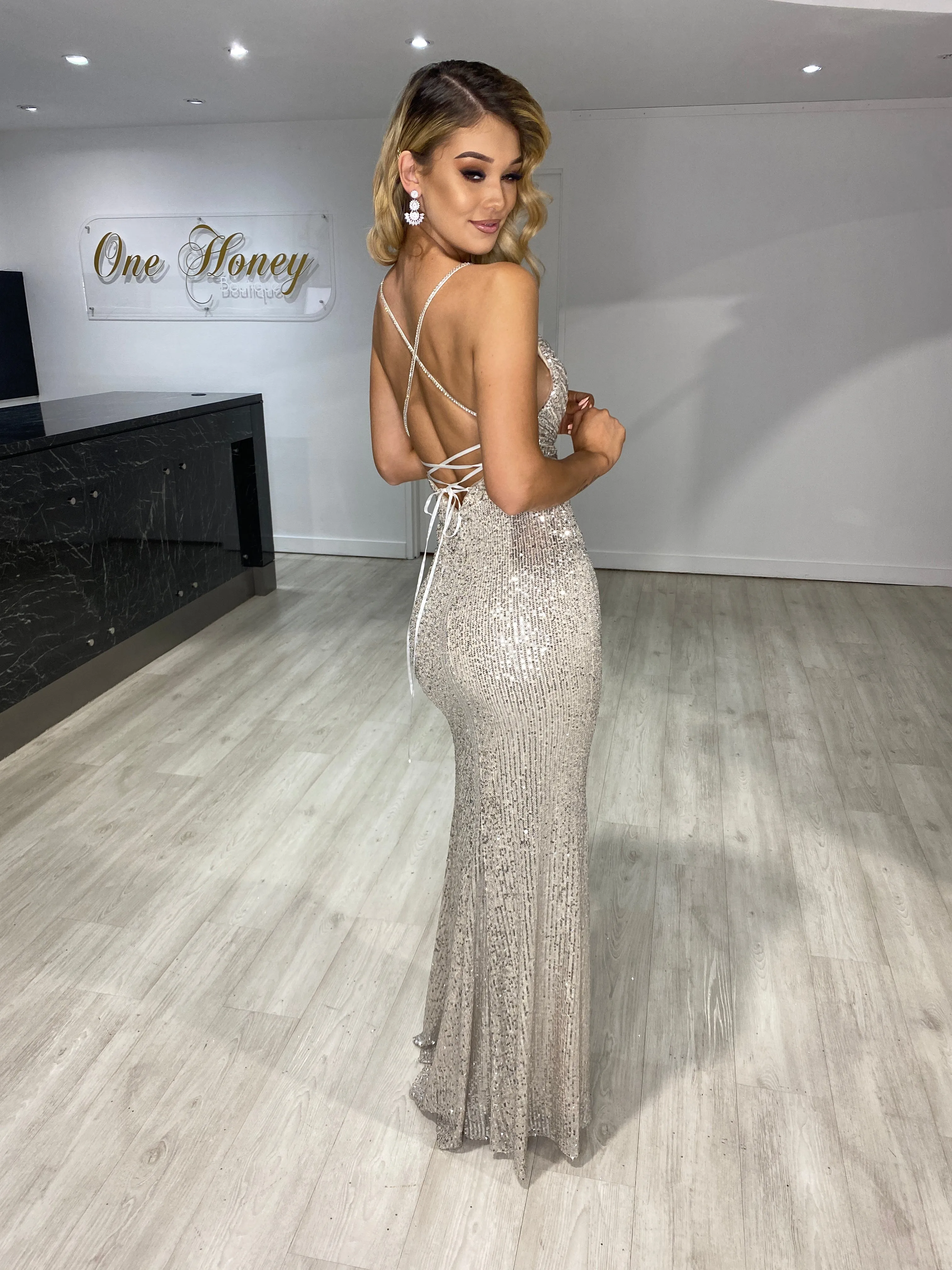 CELESTE Diamante Strap Sequin Lace Up Formal Dress