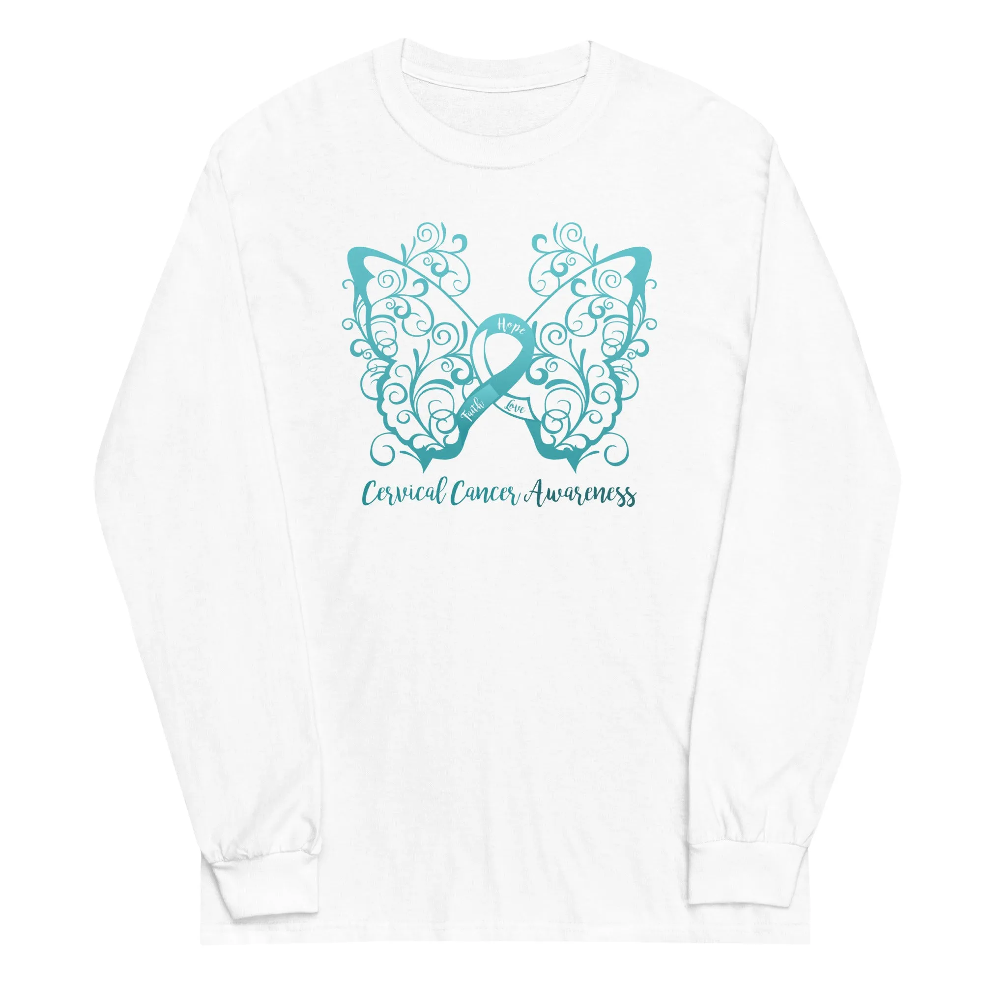 Cervical Cancer Awareness Filigree Butterfly Plus Size Long Sleeve Shirt - Several Colors Available