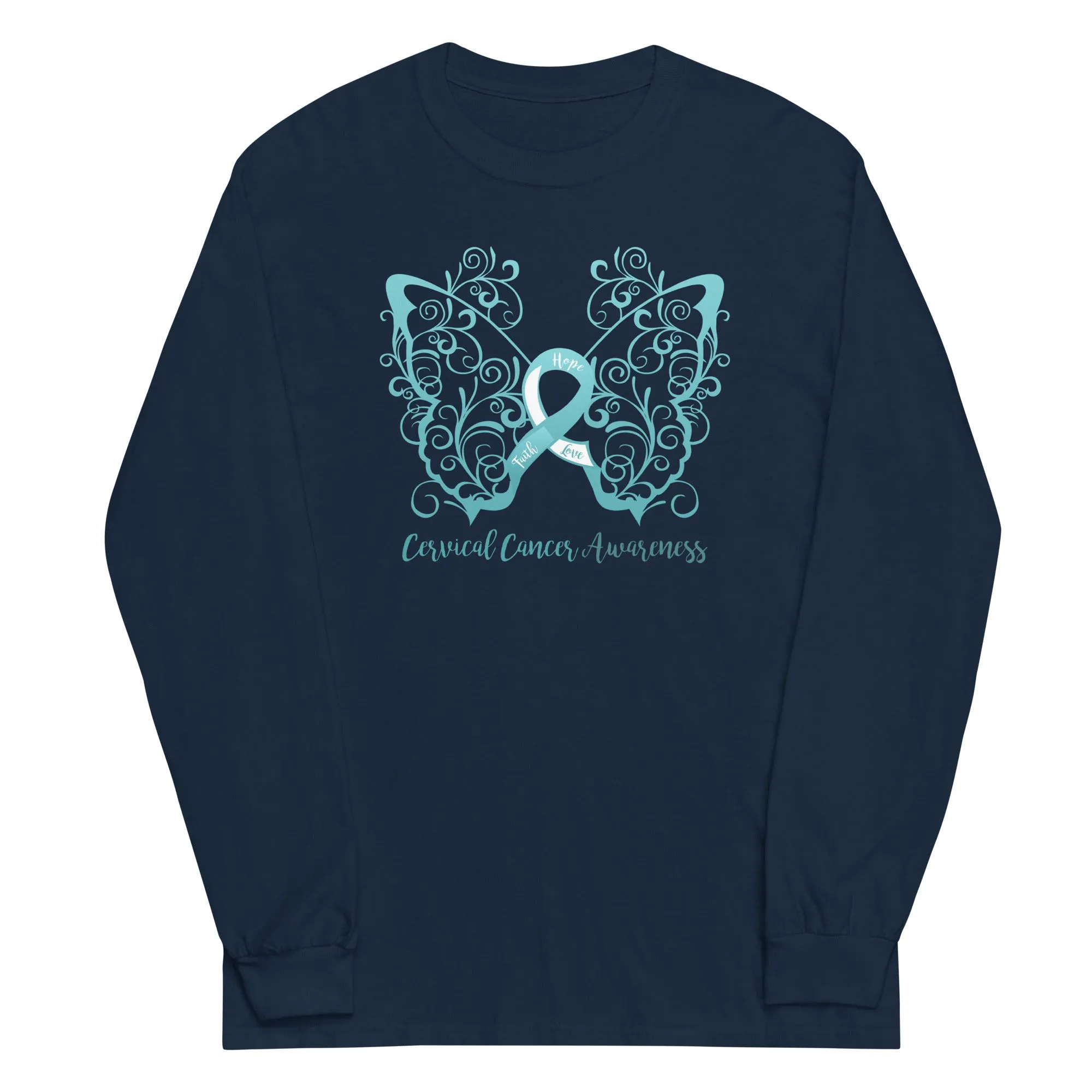 Cervical Cancer Awareness Filigree Butterfly Plus Size Long Sleeve Shirt - Several Colors Available