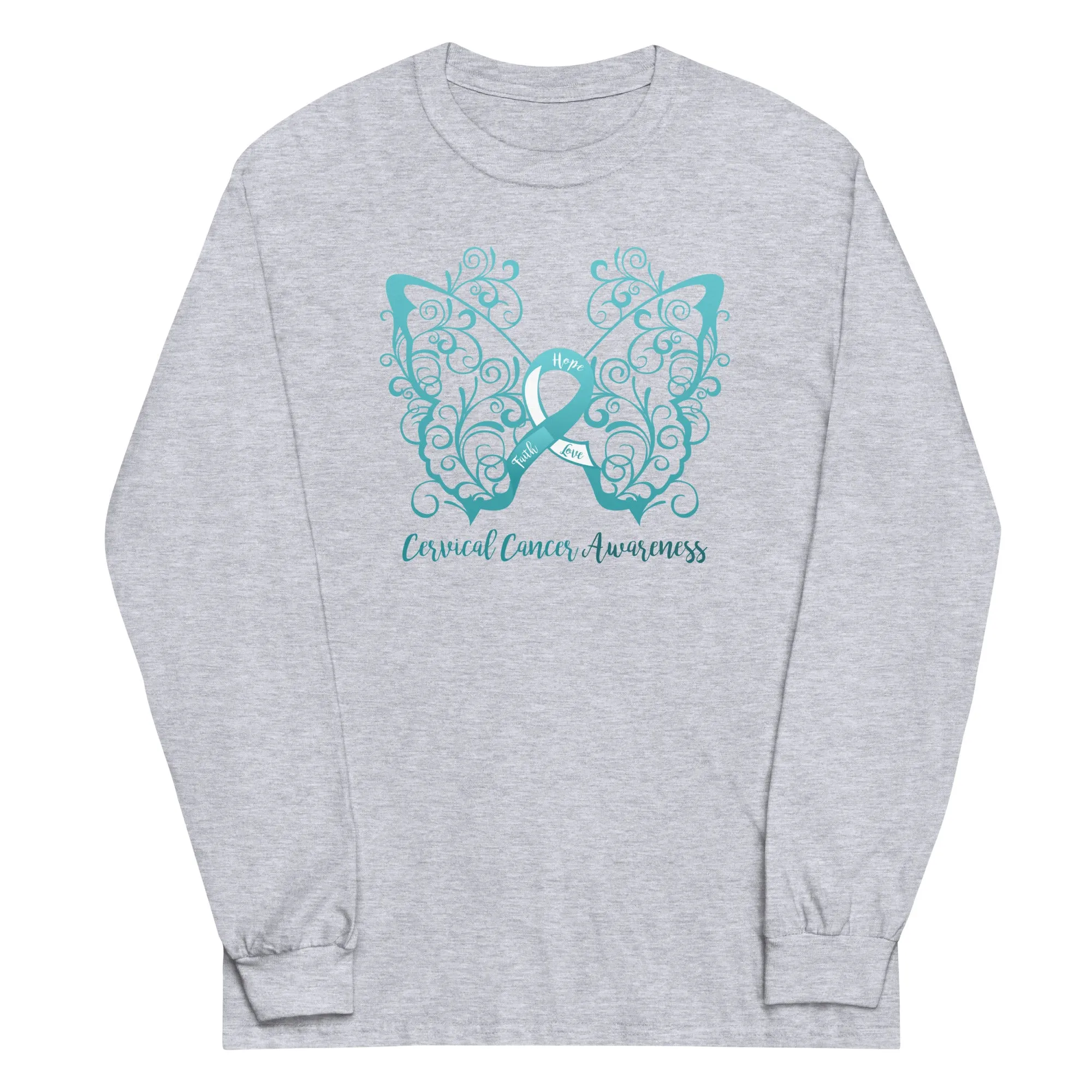 Cervical Cancer Awareness Filigree Butterfly Plus Size Long Sleeve Shirt - Several Colors Available