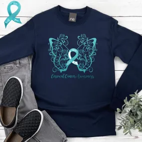 Cervical Cancer Awareness Filigree Butterfly Plus Size Long Sleeve Shirt - Several Colors Available