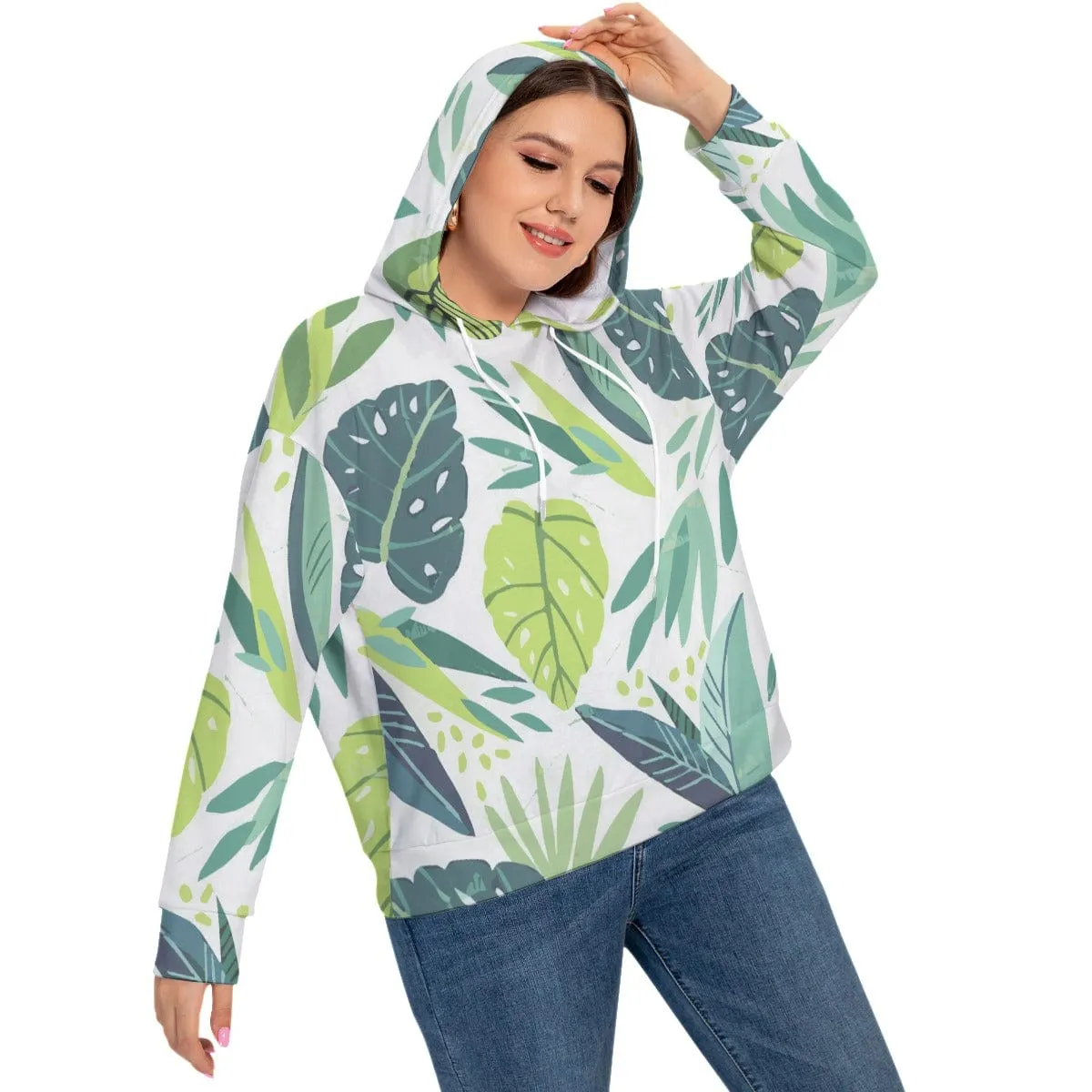 Chartreuse Leaf Women's Long Sleeve Sweatshirt With Hood(Plus Size)