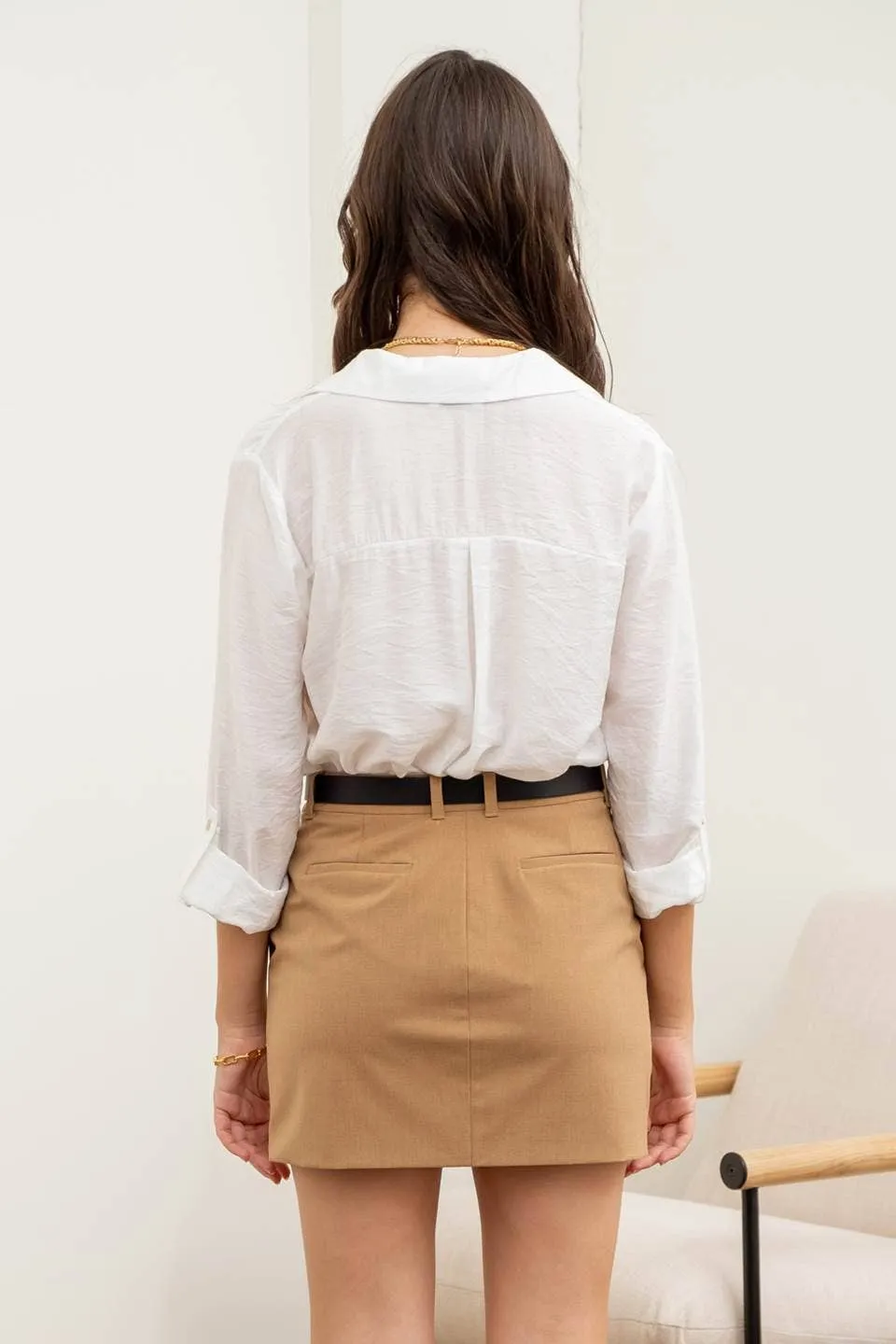 COLLARED SPLIT NECK 3/4 TAB SLEEVE TOP