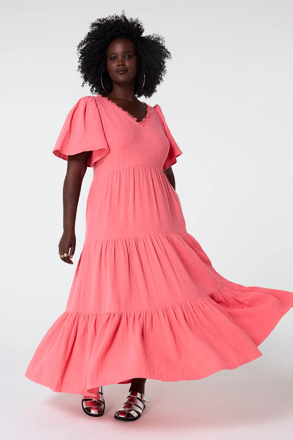 Coral Flute Sleeve Tiered Midi Dress