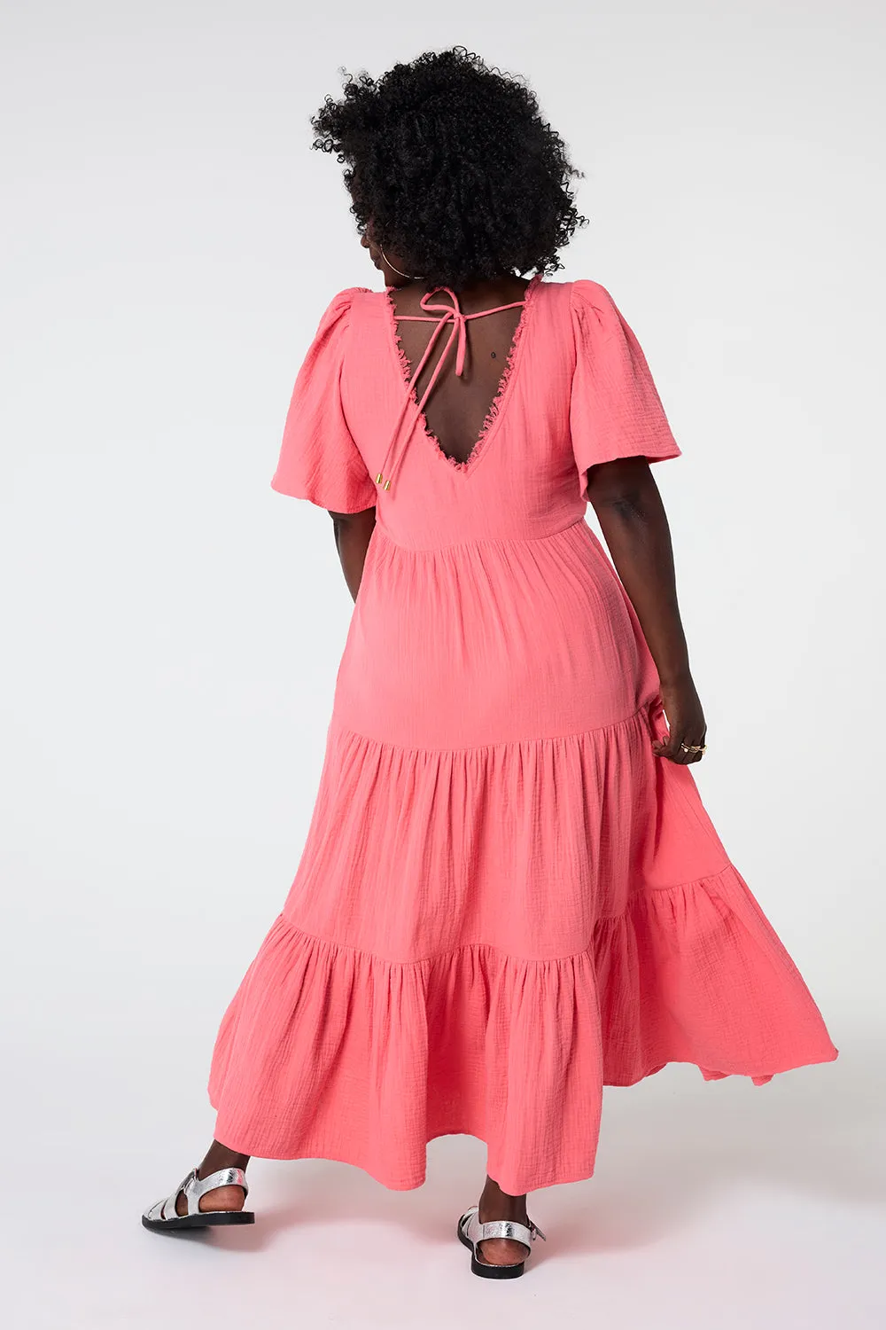 Coral Flute Sleeve Tiered Midi Dress