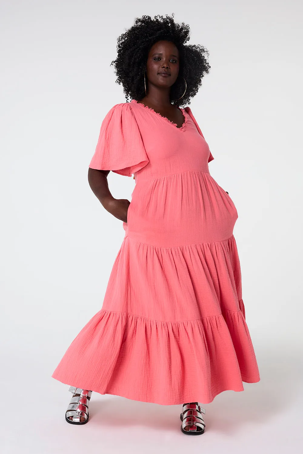 Coral Flute Sleeve Tiered Midi Dress