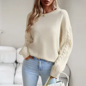 Cozy Round Neck Drop Shoulder Long Sleeve Fisherman Cable Knit Pullover Sweater