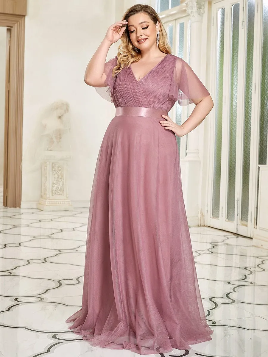 Custom Size Double V-Neck Floor-Length Short Sleeve Tulle Bridesmaid Dresses