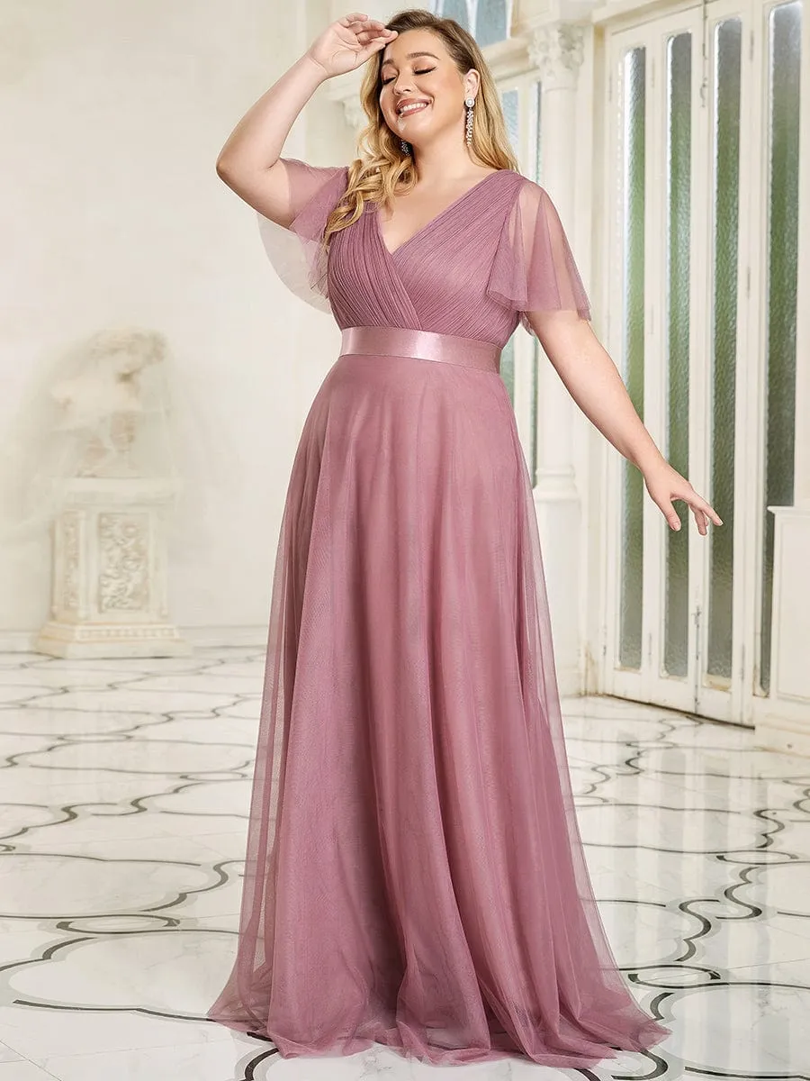 Custom Size Double V-Neck Floor-Length Short Sleeve Tulle Bridesmaid Dresses