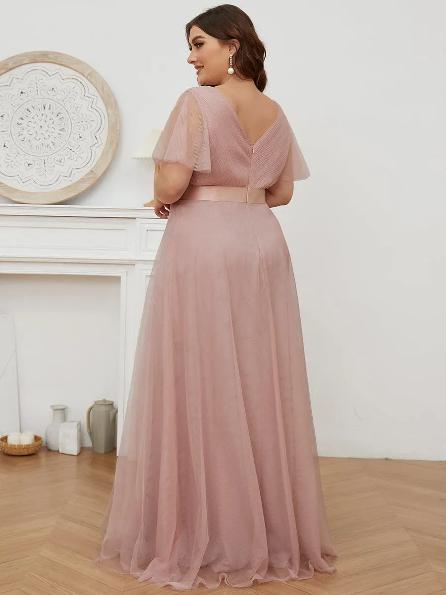 Custom Size Double V-Neck Floor-Length Short Sleeve Tulle Bridesmaid Dresses