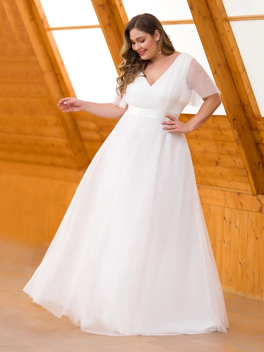 Custom Size Double V-Neck Floor-Length Short Sleeve Tulle Bridesmaid Dresses