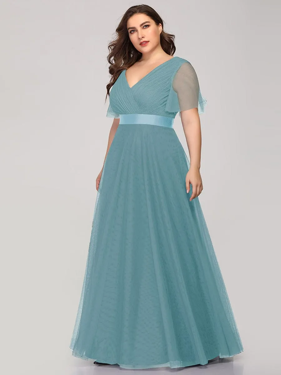 Custom Size Double V-Neck Floor-Length Short Sleeve Tulle Bridesmaid Dresses