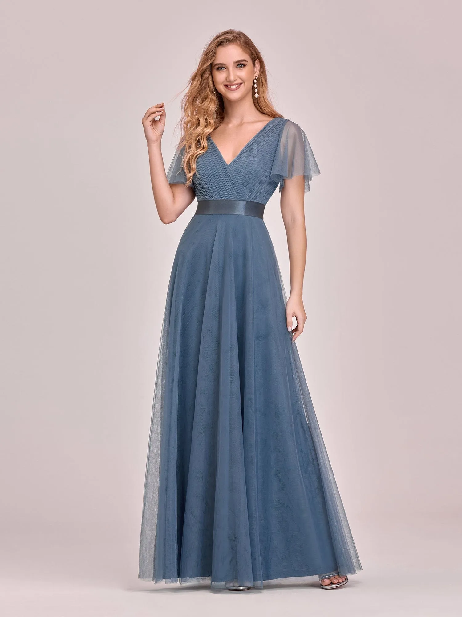 Custom Size Double V-Neck Floor-Length Short Sleeve Tulle Bridesmaid Dresses