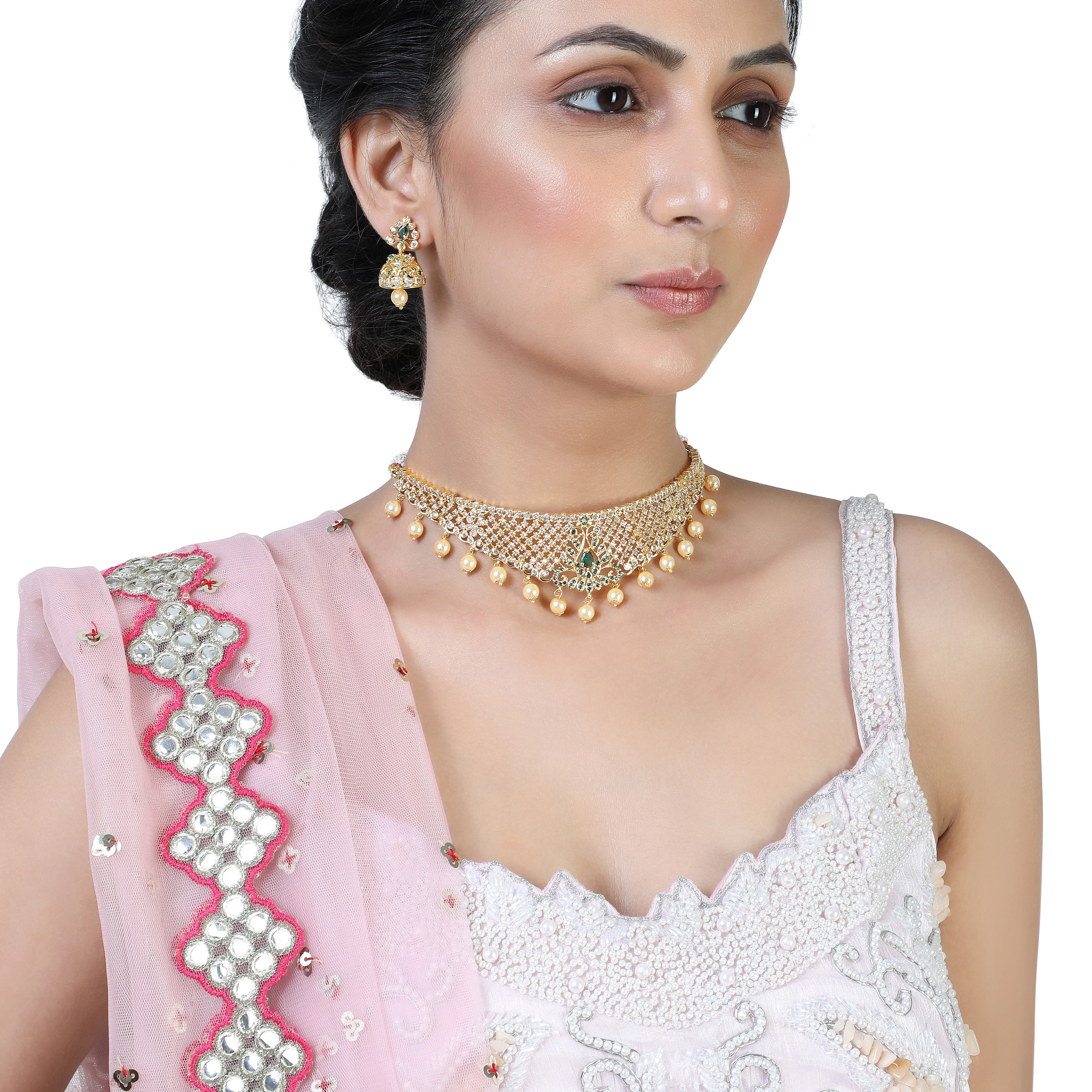 Estele Gold Plated CZ Traditional Bridal Choker Set with Pearls & Green Crystals for Women