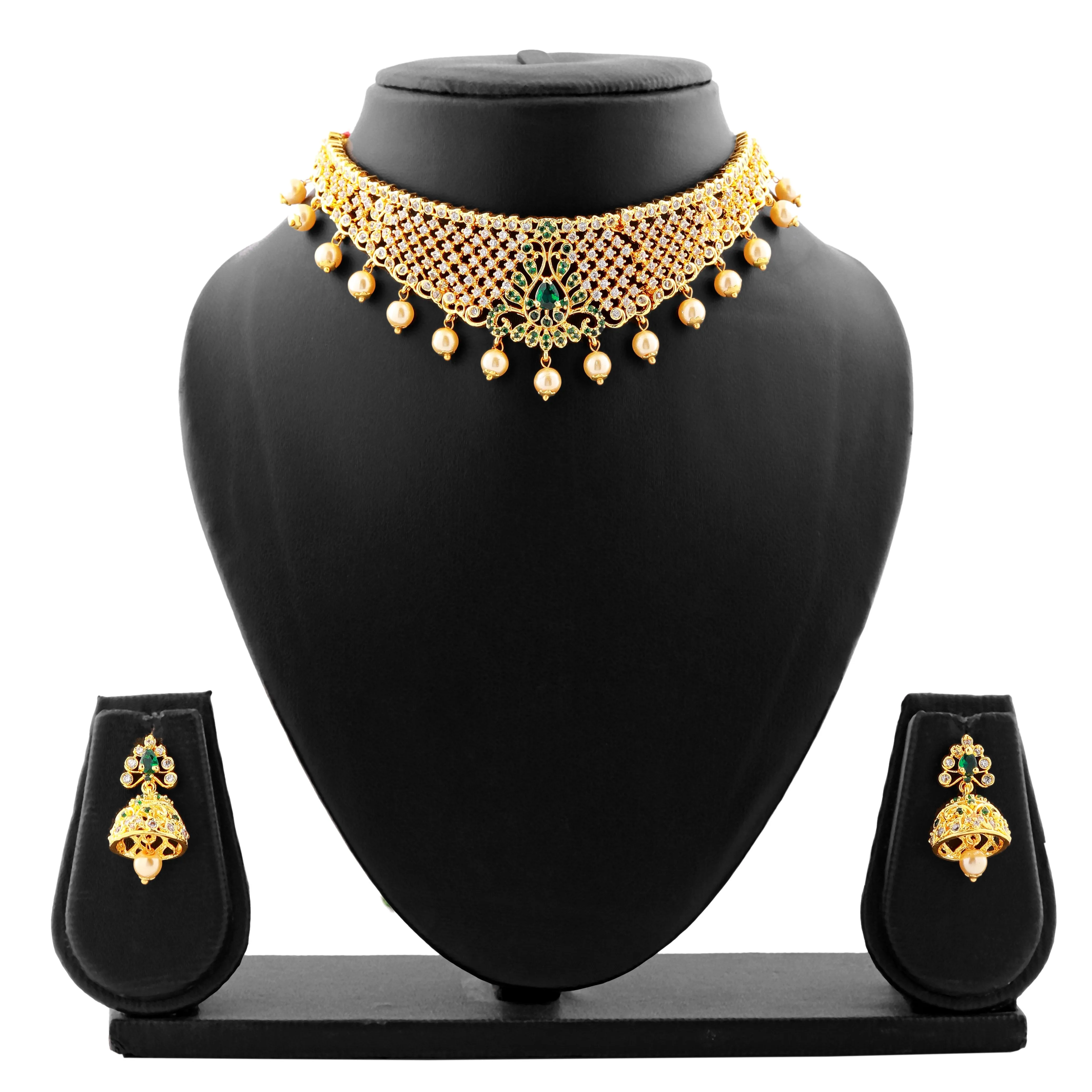 Estele Gold Plated CZ Traditional Bridal Choker Set with Pearls & Green Crystals for Women