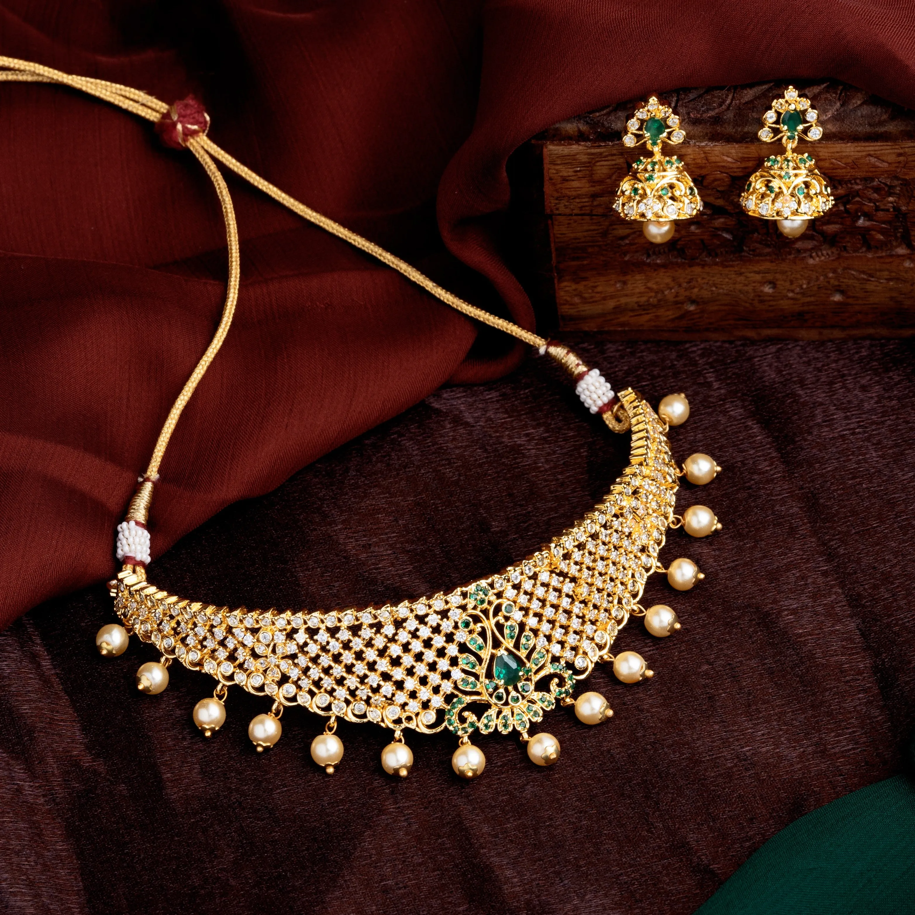 Estele Gold Plated CZ Traditional Bridal Choker Set with Pearls & Green Crystals for Women