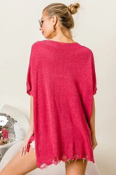 Explore More Collection - BiBi Distressed Hem V-Neck Slit Sweater