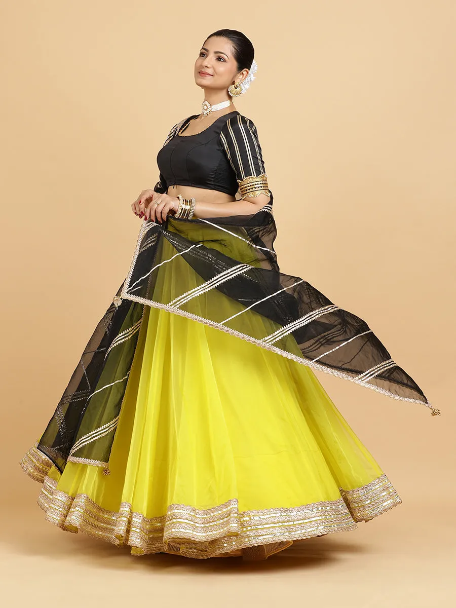 Farah Aziza 3-Piece Lehenga Set | Lemon Yellow Lehenga, Charcoal Black Blouse | With Chandni Black Dupatta