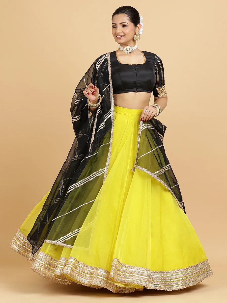 Farah Aziza 3-Piece Lehenga Set | Lemon Yellow Lehenga, Charcoal Black Blouse | With Chandni Black Dupatta