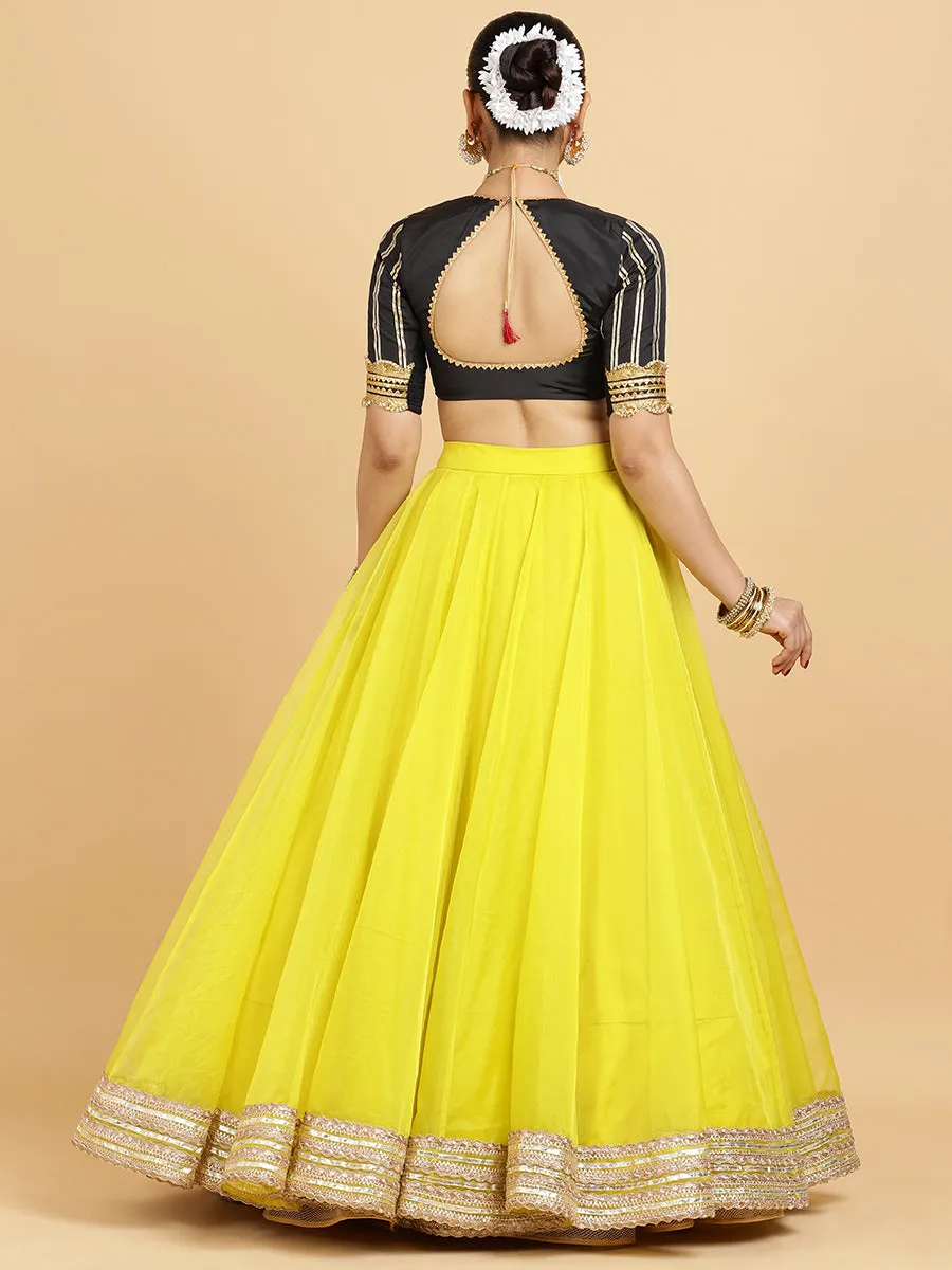 Farah Aziza 3-Piece Lehenga Set | Lemon Yellow Lehenga, Charcoal Black Blouse | With Chandni Black Dupatta