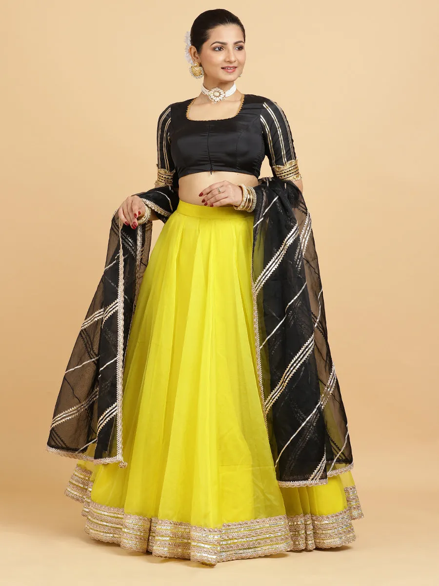 Farah Aziza 3-Piece Lehenga Set | Lemon Yellow Lehenga, Charcoal Black Blouse | With Chandni Black Dupatta