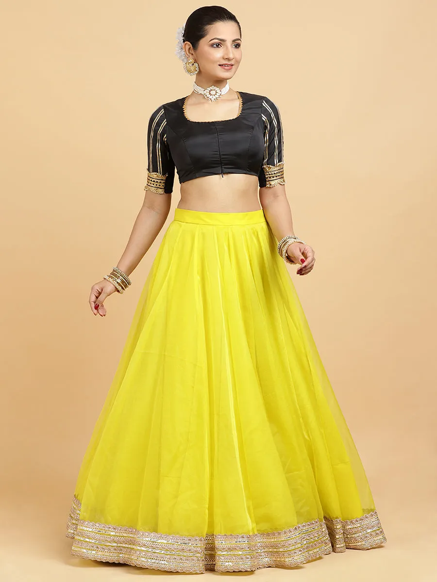 Farah Aziza 3-Piece Lehenga Set | Lemon Yellow Lehenga, Charcoal Black Blouse | With Chandni Black Dupatta