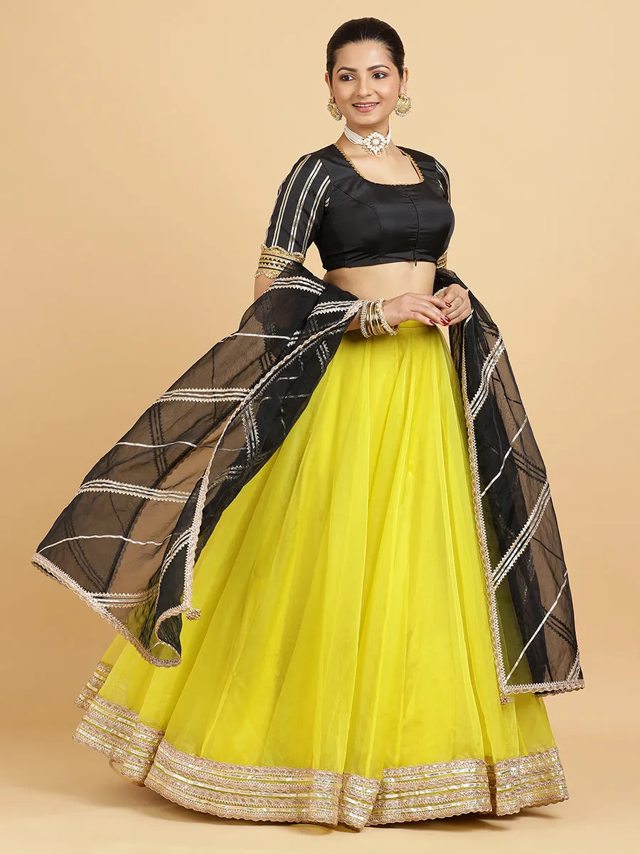 Farah Aziza 3-Piece Lehenga Set | Lemon Yellow Lehenga, Charcoal Black Blouse | With Chandni Black Dupatta