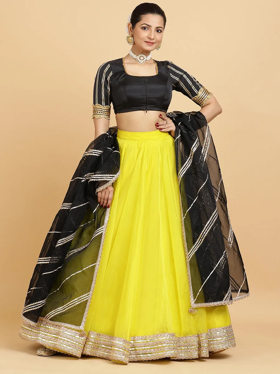 Farah Aziza 3-Piece Lehenga Set | Lemon Yellow Lehenga, Charcoal Black Blouse | With Chandni Black Dupatta