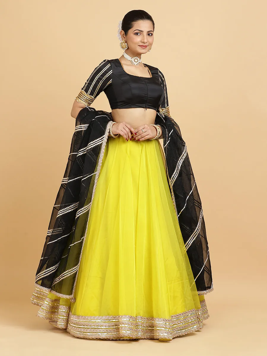 Farah Aziza 3-Piece Lehenga Set | Lemon Yellow Lehenga, Charcoal Black Blouse | With Chandni Black Dupatta