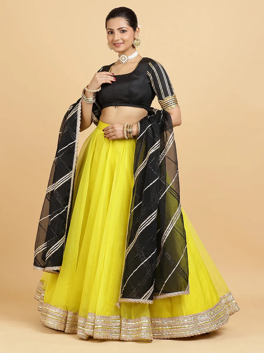 Farah Aziza 3-Piece Lehenga Set | Lemon Yellow Lehenga, Charcoal Black Blouse | With Chandni Black Dupatta