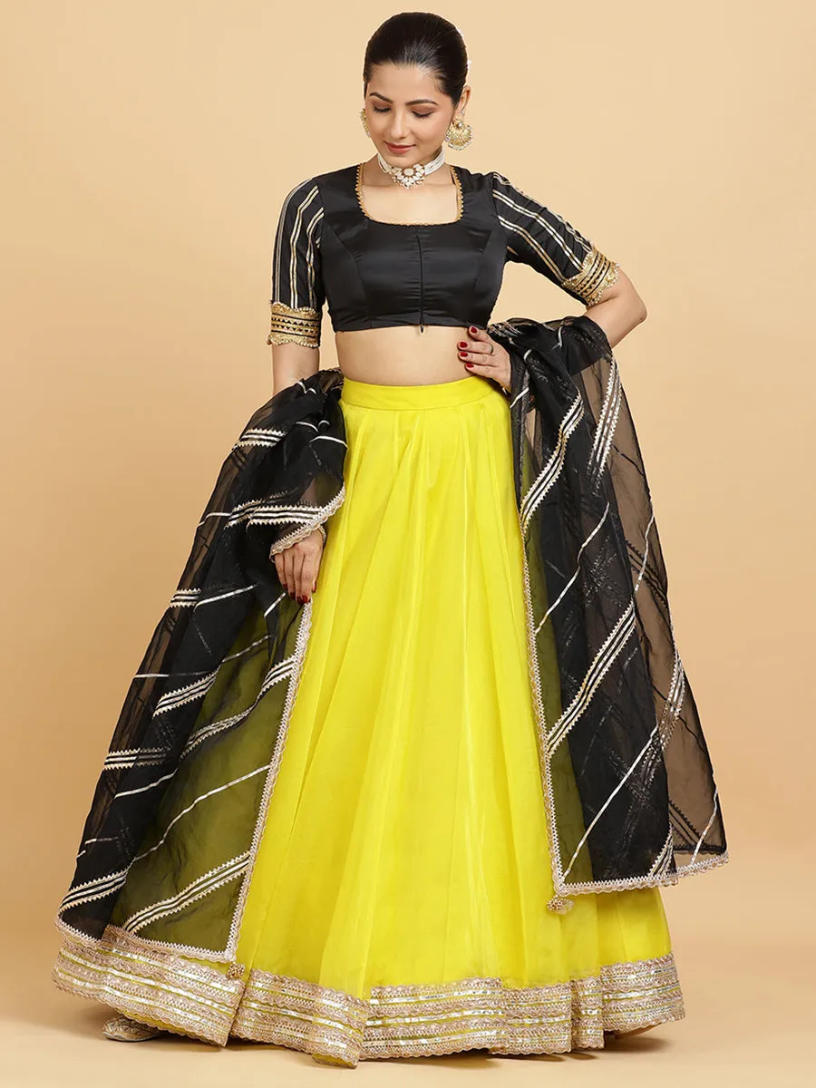 Farah Aziza 3-Piece Lehenga Set | Lemon Yellow Lehenga, Charcoal Black Blouse | With Chandni Black Dupatta