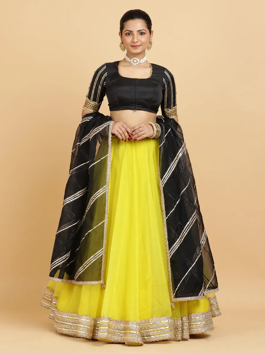 Farah Aziza 3-Piece Lehenga Set | Lemon Yellow Lehenga, Charcoal Black Blouse | With Chandni Black Dupatta