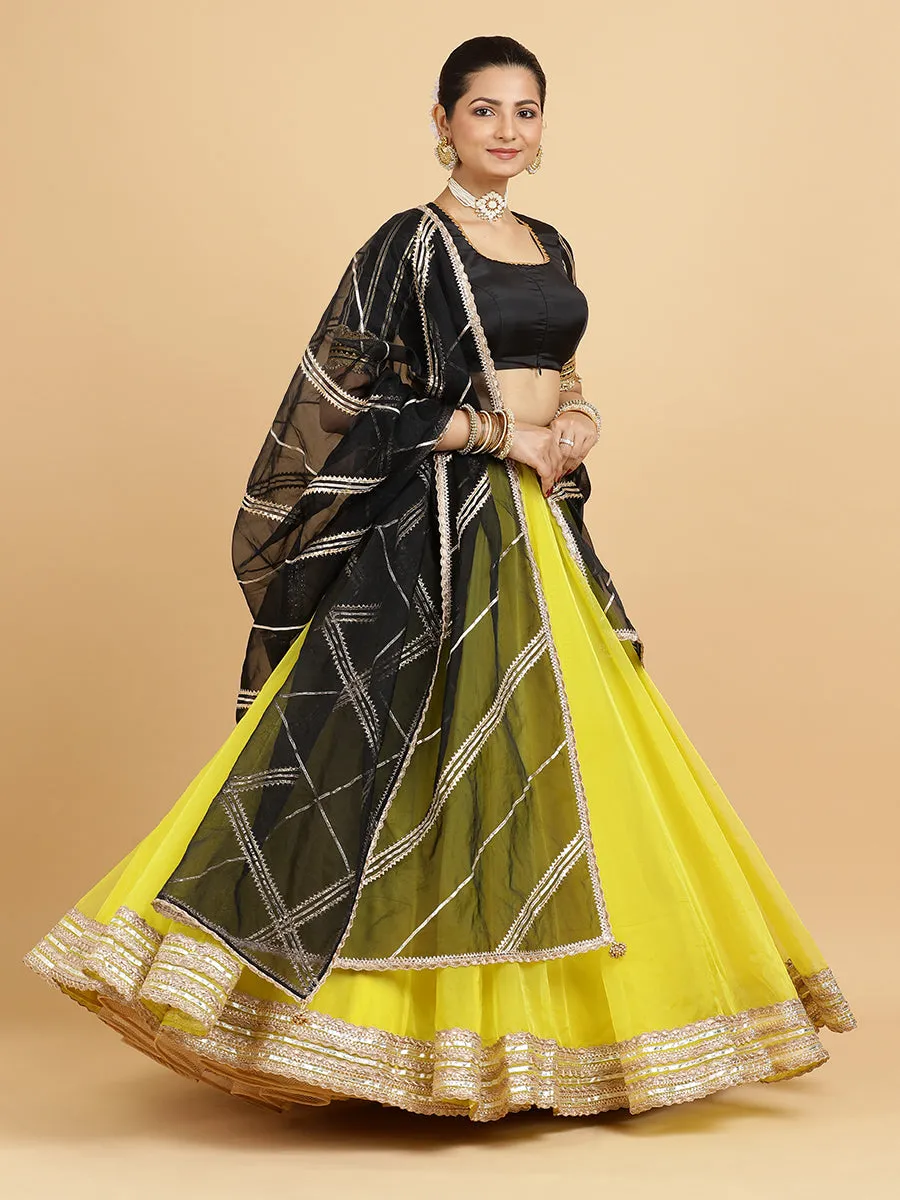 Farah Aziza 3-Piece Lehenga Set | Lemon Yellow Lehenga, Charcoal Black Blouse | With Chandni Black Dupatta