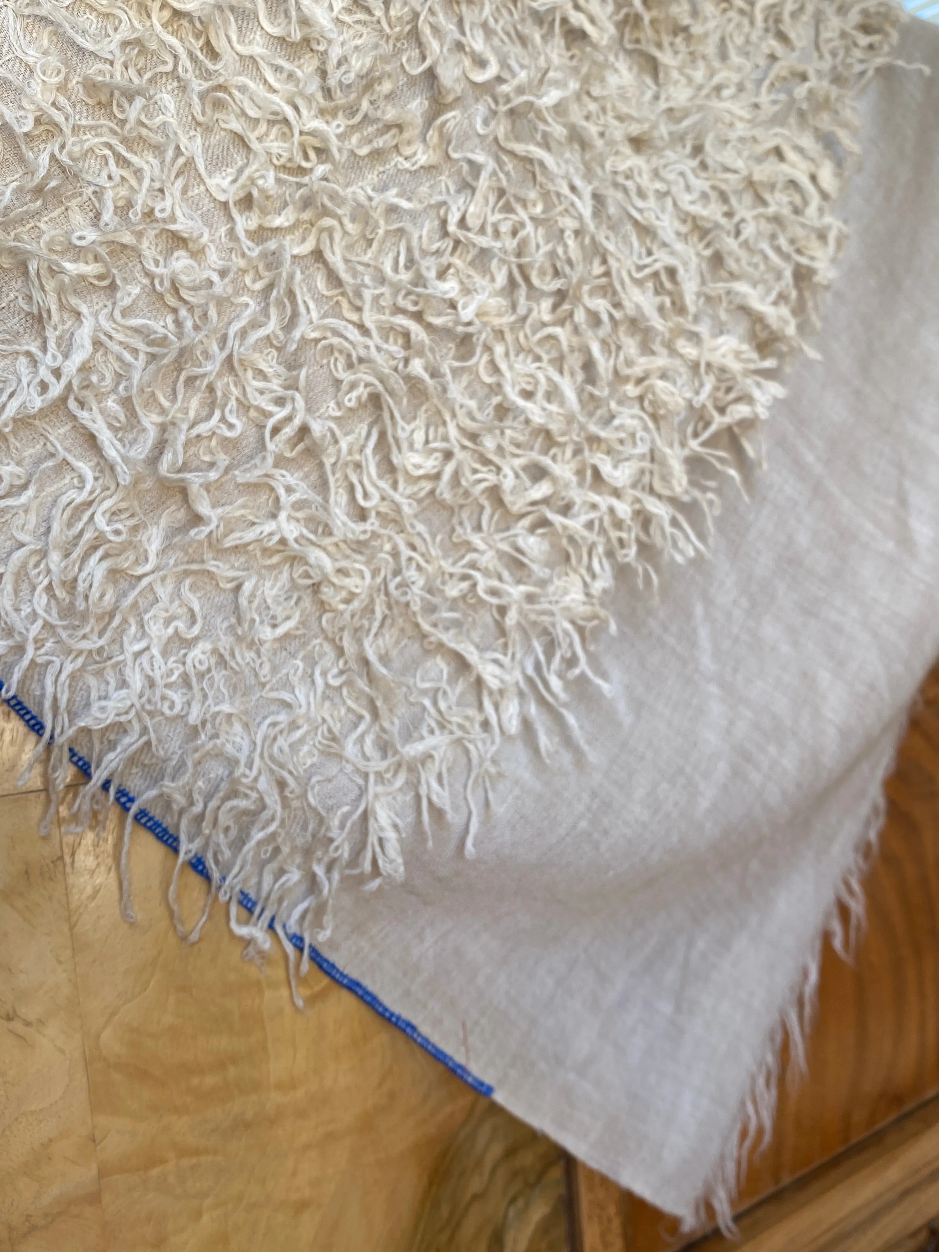 Feathered Kashmiri Natural Pashmina Shawl with Blue Trim