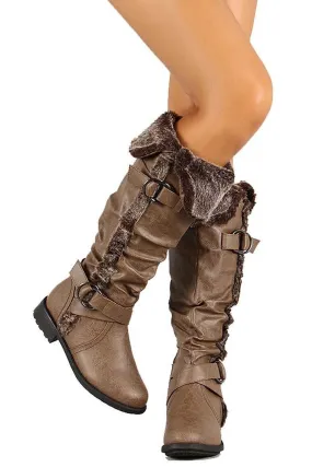 Furry Cuff Vegan Leather Knee High Slouch Rider Boots